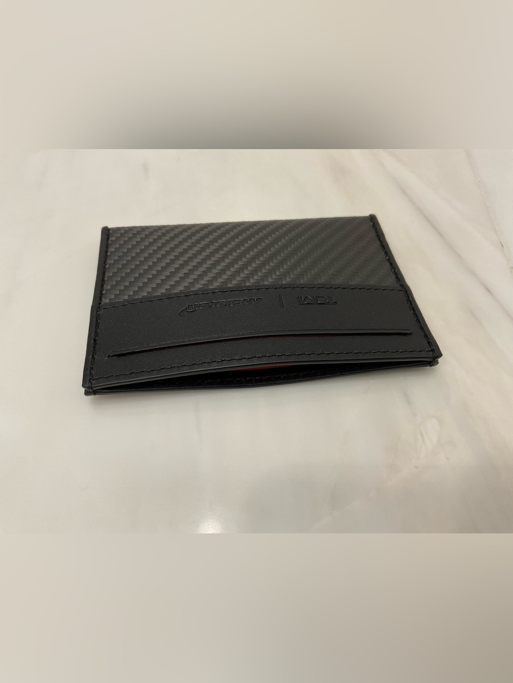 NEW Tumi McLaren Leather Slim Card Case Wallet - CARBON FIBER & PAPAYA ORANGE - Picture 7 of 7
